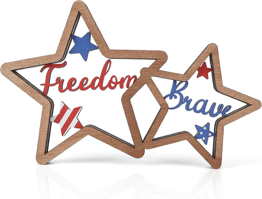COCHIE 4th of July Decorations Patriotic Memorial Day Wooden Star Tiered Tray Decor, Freedom Sign, Brave Sign, Fourth of July Red Blue and White Decoration for Home Office Table Shelf (Siamese Stars)