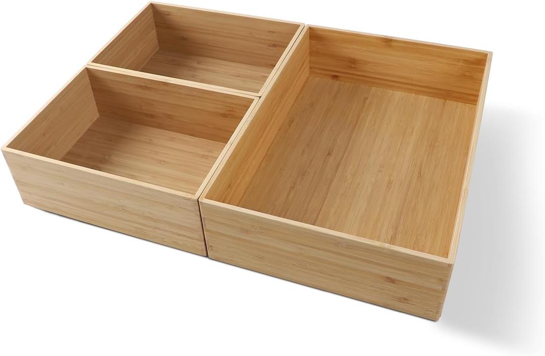 3-Piece Large Bamboo Storage Box Set, 3.1 in High Stackable Deep-Drawer Organizer for Kitchen Cutlery, Cookware, Utensils & Knives, Exquisite Durable Lidless Wooden Bin (14.6"x10.2"*1+10.2"x7.3"*2) 3-Piece Large Bamboo Storage Box Set, 3.1 in High Stackable Deep-Drawer Organizer for Kitchen Cutlery, Cookware, Utensils & Knives, Exquisite Durable Lidless Wooden Bin (14.6"x10.2"*1+10.2"x7.3"*2)