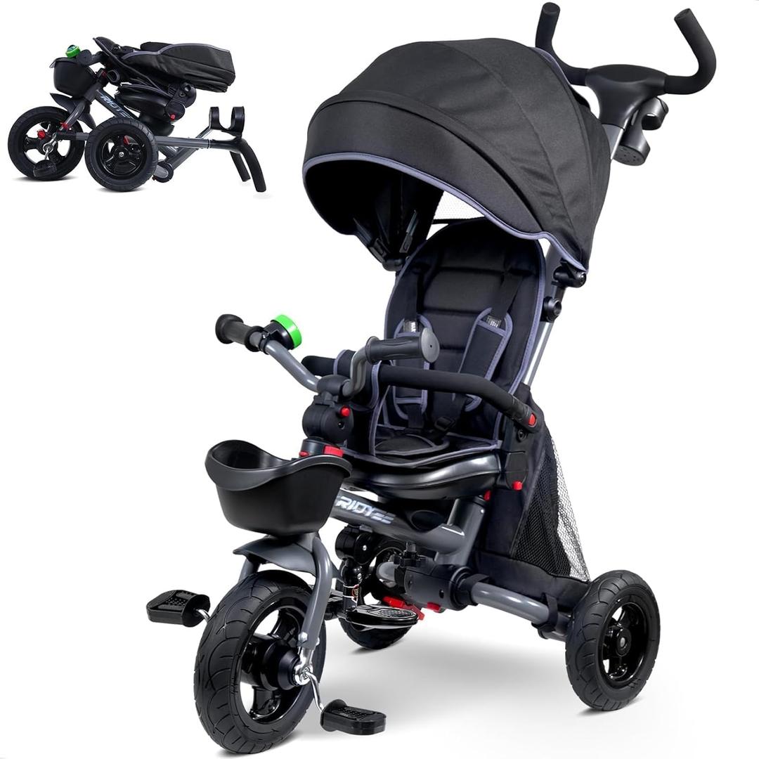 7-in-1 Folding Toddler Tricycle for 18 Months to 5 Years, Tricycle Stroller with Dual Brakes, All-Terrian Rubber Tire, Tricycle for Toddlers with Rotatable Seat, Adjustable Push Handle, Black