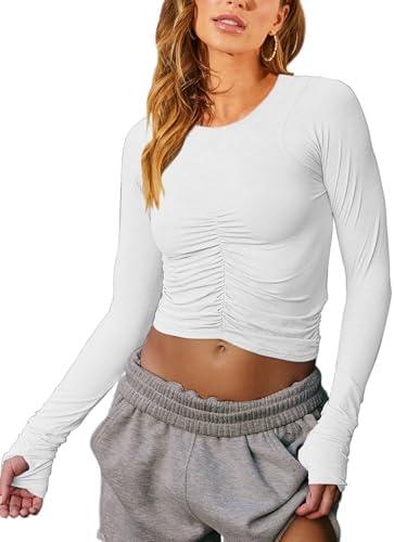 Vivitulip Women’s Long Sleeve Shirts Basic Fall Ruched Slim Fitted Crop Tops Tight Athletic Blouse with Thumb Holes M
