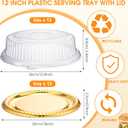 Nitial 12 Pcs Heavy Duty Serving Tray with Clear Lid, Round Elegant Gold Catering Trays Disposable Large Plastic Platters for Fruit Cake Sandwich Food Picnic Party Supplies (12 Inches)