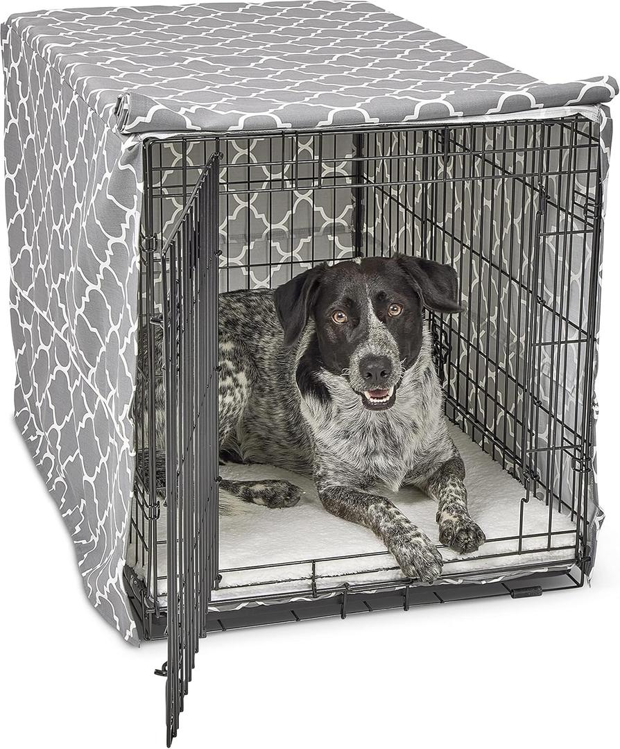 MidWest Homes for Pets Intermediate Dog Crate Cover Featuring Teflon Fabric Protector, Poly-Cotton Privacy Kennel Cover Fits Most 36-Inch Crates, Gray Designer Print, Machine Washable, Reduces Barking