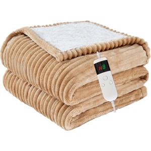 Heated Blanket Electric Full, Soft Flannel Heating Blanket with 8 Hours Auto Off 10 Fast Heating Levels Machine Washable Sherpa Heated Blanket with Overheating Protection (Khaki)