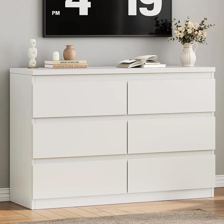 Modern White 6 Drawer Dresser - Simply Chest of Drawers for Bedroom, Closet, Living Room, Hallway, Entryway, Wood Storage Double Dresser with Smooth Metal Rails - White