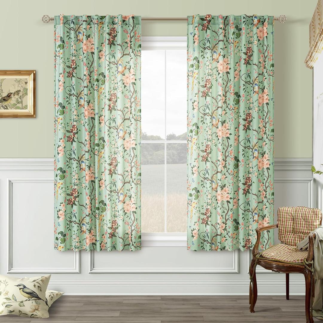 Green Farmhouse Floral Bird Linen Curtains 63 Inch 2 Panels Back Tab for Living Room Light Filtering Semi Sheer Boho Leaf Flower Pattern Seafoam Green Window Drapes for Dining Room Bathroom Kitchen