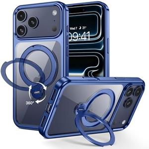 GUAGUA for iPhone 17 Pro Max Case with Stand, 360° Magnetic Rotatable Ring, Clear Back Plating Edge Invisible Ring Holder Slim Shockproof Protective Kickstand Phone Case for iPhone 17 Pro Max, Blue