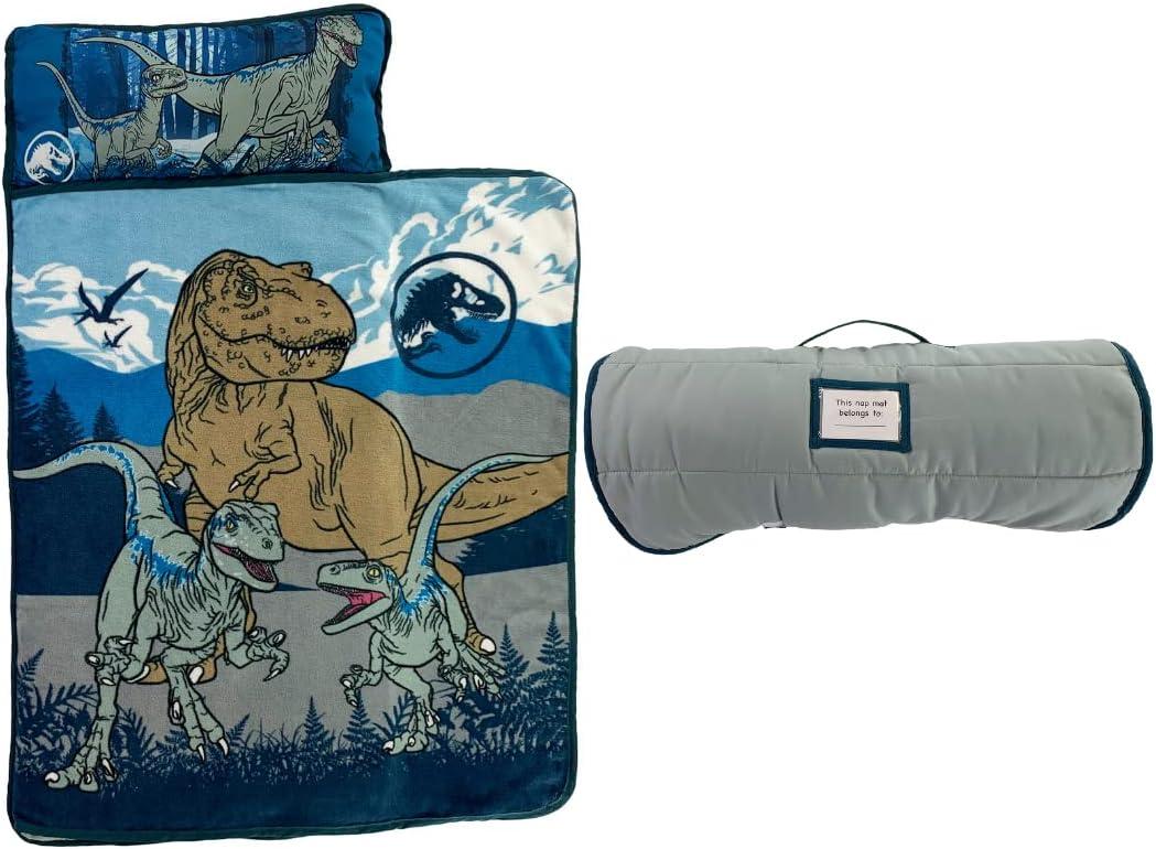 Jurassic World 24"(W) X 45"(L) Soft Toddler Nap Mat with Pillow and Blanket Perfect for Preschool, Daycare, and Travel (100% Official Licensed Product)