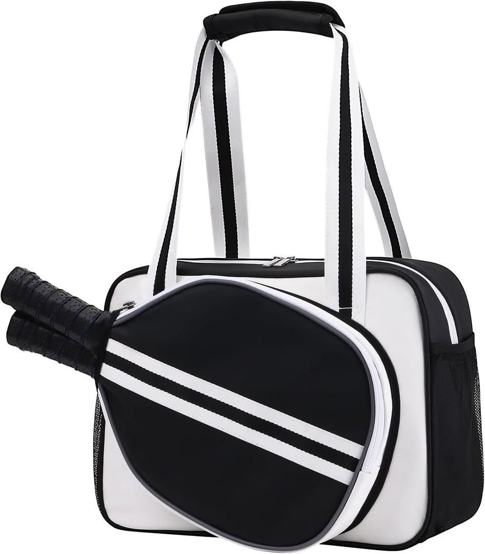 PU Leather Pickleball Bag with Shoe Compartment, Large Pickleball Tote Bags for WomenMultifunctional Pickleball Bags (Small, New White)