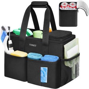 Ytonet Cleaning Caddy, Water Resistant Cleaning Supplies Organizer with Handle & Foldable Divider for Cleaners, Housekeeping Tote for Kitchen & Bathroom, Car Tool Caddy Organizer Bag, Black (Medium)
