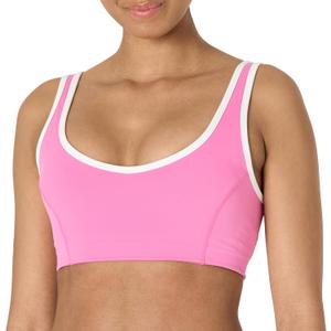 Amazon Essentials Womens Active FormFlex Buttery Soft Light Support V-Neck Sports Bra with Contrast Trim (Large, Flamingo Pink/White)