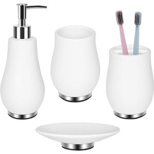 Bathroom Accessories Set 4 Pcs Toothbrush Holder Soap Dispenser Ceramic Bathroom Accessory Set with Toothbrush Cup Soap Dish Tumbler White