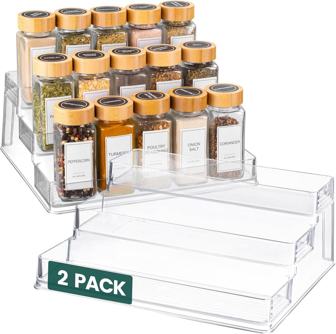 Oizeir Clear Spice Rack (2-Pack)  3-Tier Acrylic Organizer for Cabinet  Deep Spice Shelf  10.4 x 9.6 x 4 Inches  Holds Seasoning and Condiments