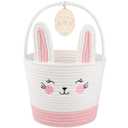 OIASKET Personalized Easter Basket for Toddler, Woven Baby Easter Gifts Basket with Handle, Empty Bunny Egg Basket for Girls Boys Kids, Pink&White (7.87" x 7.87"/8L)