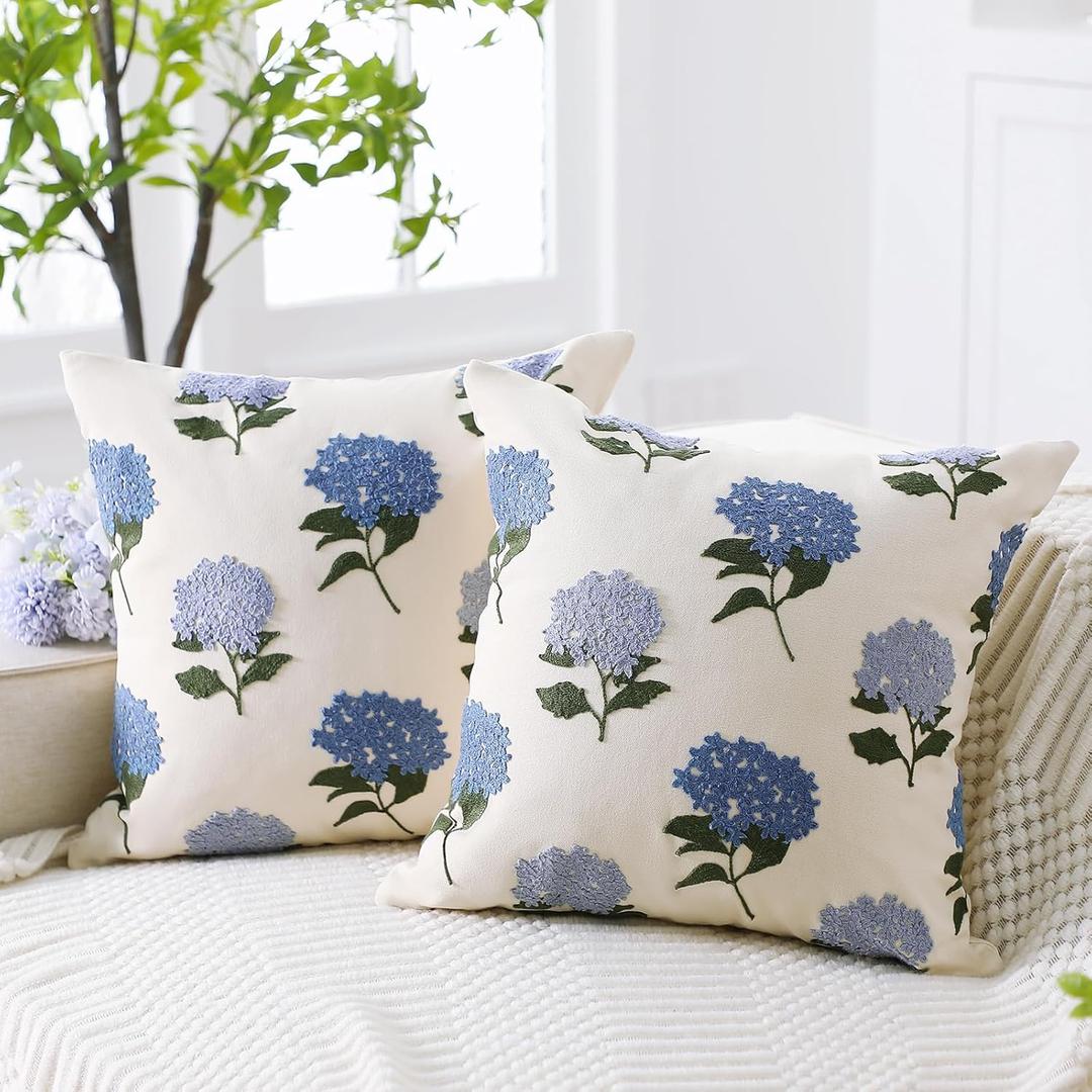 FuWeave 2 Pcs Spring Embroidered Pillow Covers Vintage Blue Hydrangea Decorative Throw Pillow Covers 18x18 Inch Boho Chinoiserie Cushion Cover Aesthetic Decor for Couch Sofa Housewarming Gifts