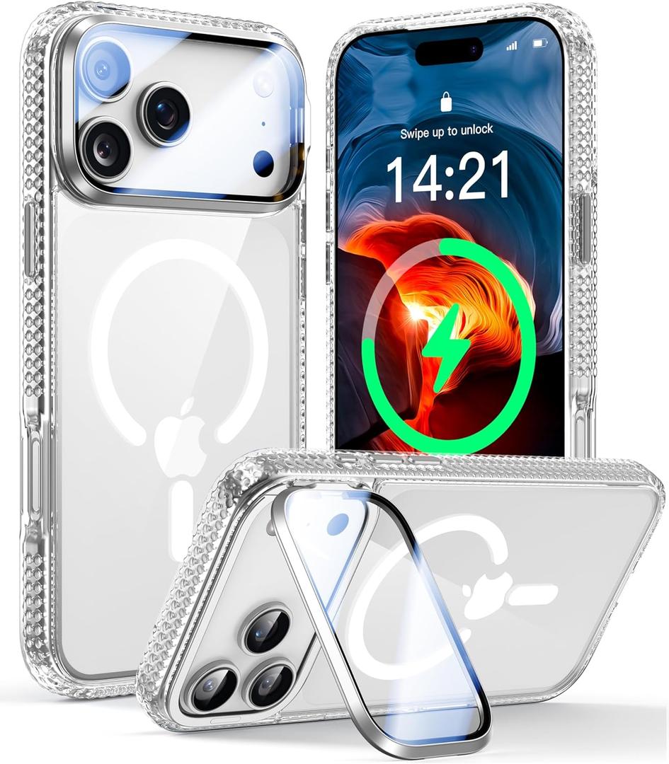 VOFATA [Upgraded Full Camera Protection] for iPhone 17 Pro Case with Camera Cover Stand [Fit for MagSafe][10FT Mil-Grade Protection] Transparent Magnetic iPhone 17 Pro Phone Case, Clear