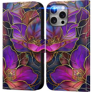 DEENAKIN for iPhone 15 Pro Wallet Case with Card Holder + Cash Clip, RFID-Blocking, Military-Grade Drop Protection & UV-Printed Artwork, Magnetic Closure with Leather Stand - Blooming Purple Flowers