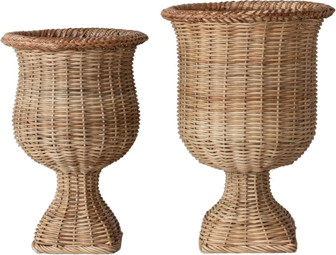 Creative Co-Op 2-Piece Woven Rattan Urn Set, Natural Finish, 13.5" x 18.5" & 11.5" x 16.5"
