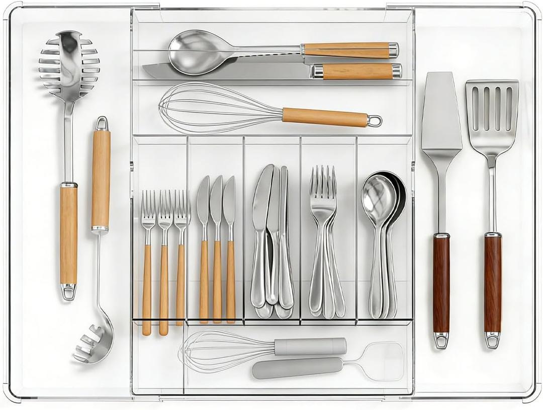 Expandable Silverware Organizer for Drawer, Clear Acrylic Utensil Organizer with Adjustable Compartments, Large Kitchen Drawer Organizer Tray for Cutlery, Flatware & Utensils Storage