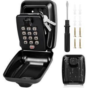 Key Lock Box for Outside, Sturdy Waterproof Wall Mount Lock Box for House Key, 12-Digit Combination Resettable Large Capacity Security Lockbox for Home, Garage, Office, Warehouse (Black)