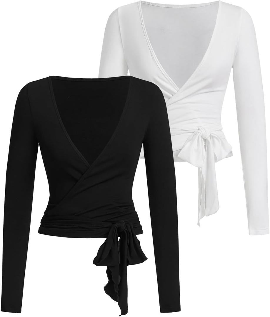 SweatyRocks Women's Pilates Outfits Wrap Tops Ballet Yoga Coquette Shirt Cute Long Sleeve Workout Activewear (Black and White) XS