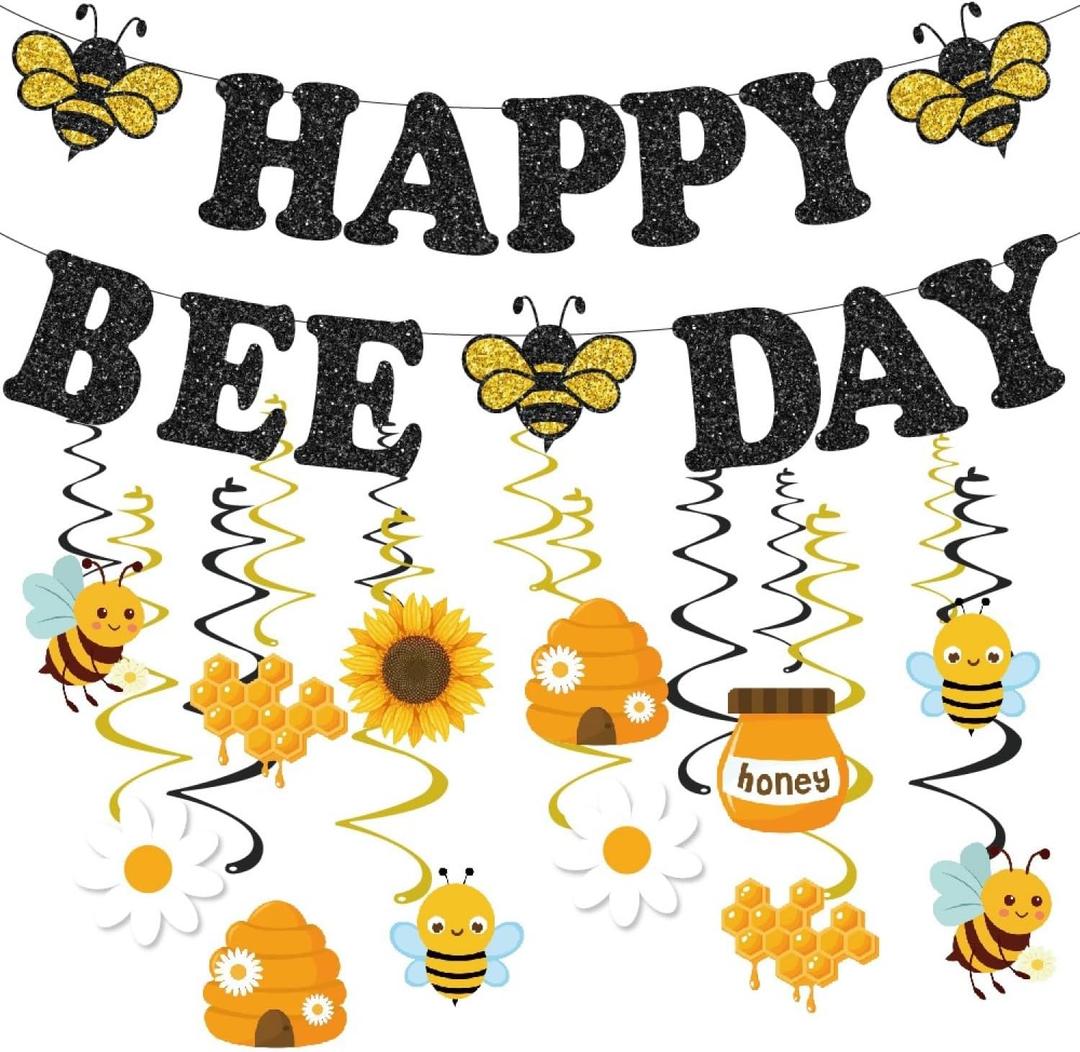 Bee Themed Birthday Party Decorations,Black Glitter Happy Bee Day Banner with Hanging Swirls for Bumble Bee Theme Party Decor Supplies