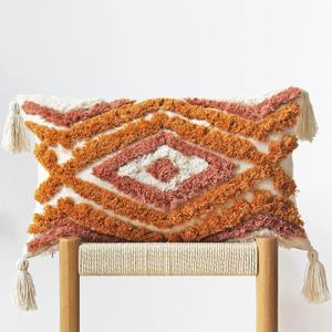 JOJUSIS Boho Lumbar Throw Pillow Covers with Handmade Tassels Decorative Woven Tufted Orange Lumbar Pillowcase for Couch Bedroom 12 x 20 Inch