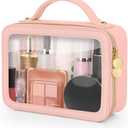 Soimeat Clear Makeup Bag, Portable Travel Cosmetic Bags, Multipurpose Leather Toiletry Bag with Zipper, Waterproof Transparent Cosmetic Organizer for Women, Medium, Pink