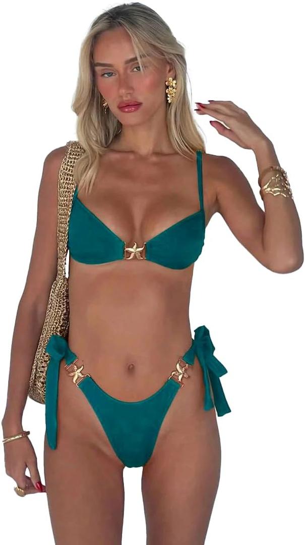 SKAYS Women's Bikini Set Two Piece Bathing Suit Sexy Triangle String Bikini Tie Side Thong Bottom Cheeky Swimwear (Large, Teal Green)
