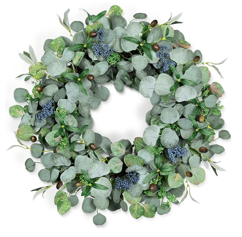 Eucalyptus Wreath for Front Door, COLORSPEC 24 Inch Eucalyptus Wreath with Olive Leaves and Berries All Year Round, Handmade Green Spring Summer Wreaths for Front Door Indoor Outdoor Wedding Holiday