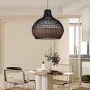 Arturesthome Rattan Pendant Lights, Wicker Chandelier Boho Basket Lighting Fixtures, Natural Woven Hanging Lamp for Kitchen Island Dining Room Black, 15.74"x15.74"