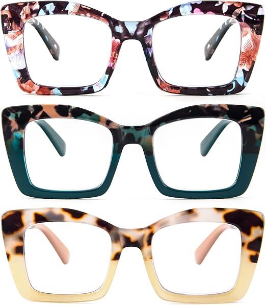 REAVEE Oversized Square Reading Glasses Oprah Style for Women, Blue Light Blocking Large Frame Computer Readers Spring Hinge Color: Flower/Blue/Green