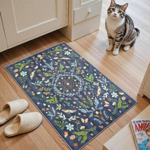 Lahome Insect Botanical 2x3 Kitchen Rugs for Entryway, Washable Small Blue Door Mat Indoor Entrance, Soft Non-Slip Indoor Throw Carpet for Bathroom Bedroom Laundry(Dark Blue,2x3)