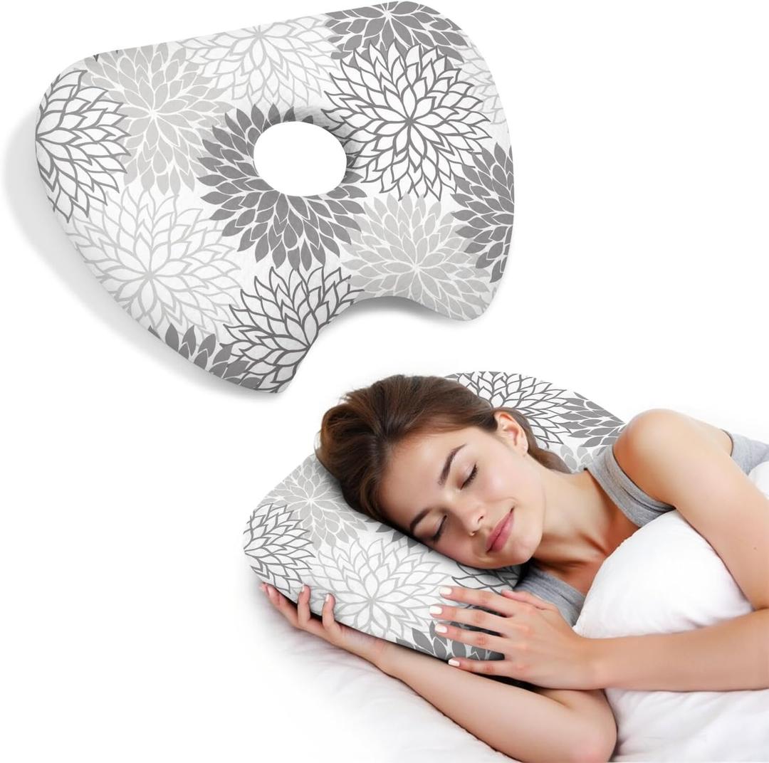 Ear Piercing Pillow for Side Sleepers Pillows with Holes for Ear Pain,Donut Pillow for Ear Side Sleeping Pillow for Adults CNH Ear Pain Relief Pressure Sores Ear Pillow with Hole in Center (Grey Flower)