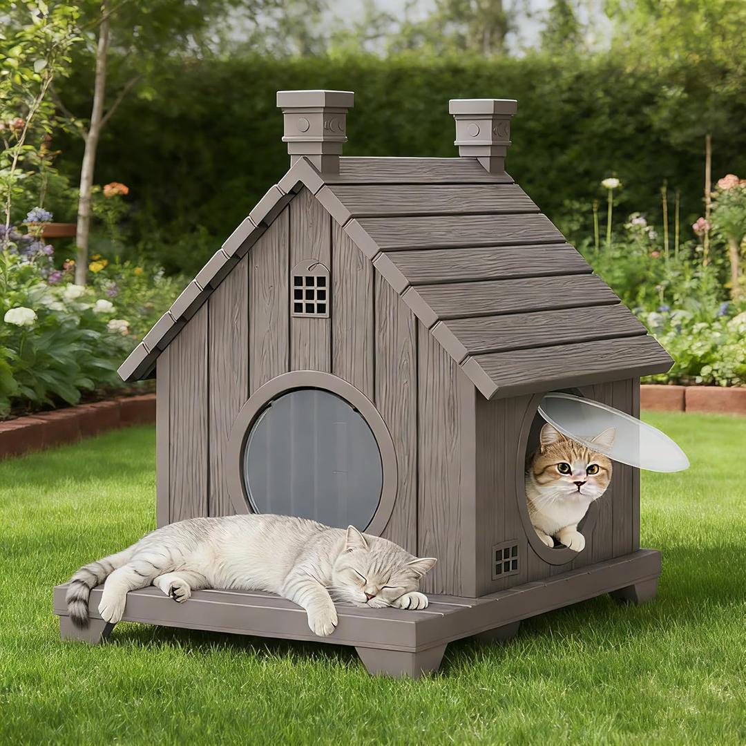Outdoor Cat House Weatherproof, Durable Resin Cat Houses for Outdoor Indoor Cats, Litter Box Enclosure with Elevated Base, Anti-Slip Pad, Ventilation, Grey (1 Story)