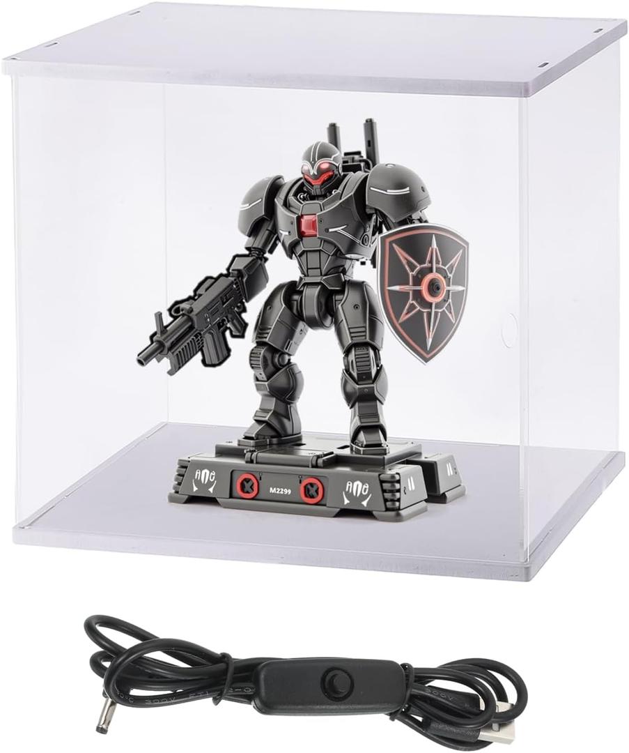 MECCANIXITY Clear Display Case, Acrylic Figure Display Case Clear Display Boxes for Collectibles, Figures Model Toys Home Storage(with Square LED Light, 8x6x7 Inch White Base)