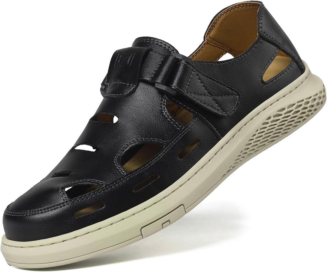 Men's Sandals Summer Breathable Sport Sandals Arch Support Casual Leather Adjustable Closed Toe Outdoor (7.5, Black)