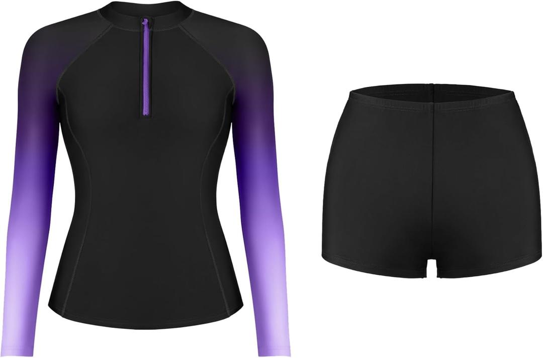 ATTRACO Women's Two Piece Rash Guard UPF 50+ Long Sleeve Bathing Suit Built-in Bra Zipper Front Swim Shirts (Large, Purple)