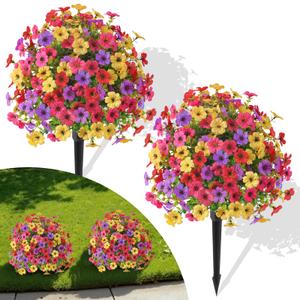 Alupssuc 8Pcs 20" Artificial Topiary Ball Flowers for Outdoors, Spring Decoration with Spike, UV Resistant Faux Summer Plants, Fake Bushes Indoor Decor, Mix 4 Colors for Garden, Porch & Patio