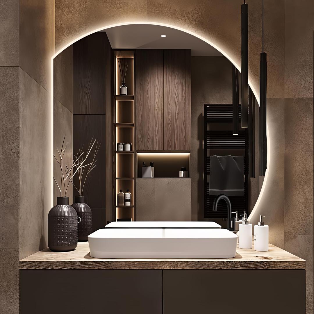 Niccy Half Moon LED Mirror for Bathroom, 32" Backlit + Front Lit Lighted Semi Round Makeup Mirrors for Wall, Anti-Fog, Dimmable 3-Colors, Memory Function, Shatterproof Smart Vanity Mirror