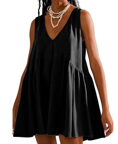 OPCAKM Women's V Neck Sleeveless Mini Dress Loose Summer Pleated Swing Flowy Sundress(Black-M)