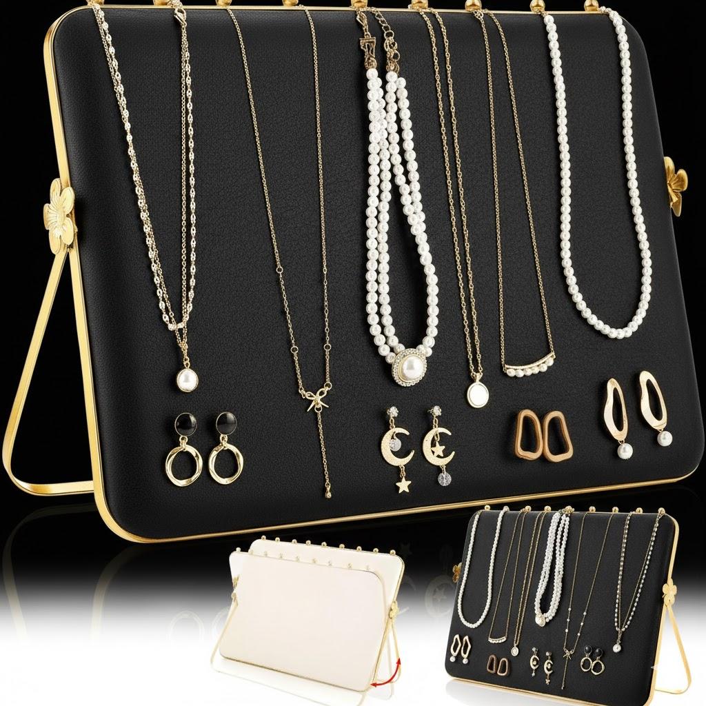 Colingmill 1 Pack Necklace Display Stand for Selling Doublesided Velvet Necklace Organizer Large Metal Chain Holder Stand Beige Grey Chain Jewelry Display for Vendor Craft Show Exhibidores