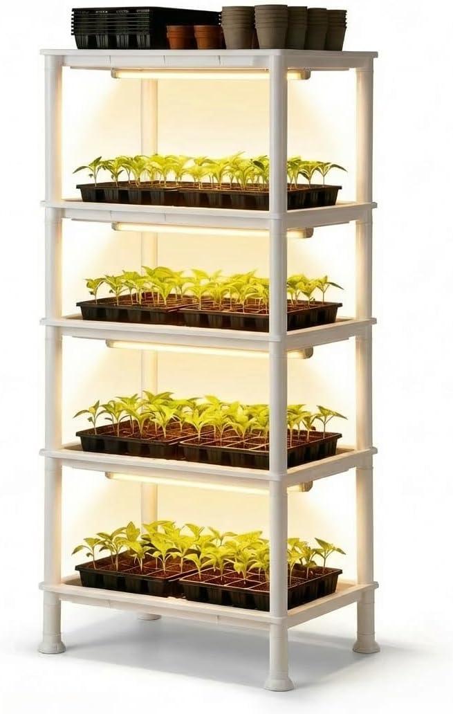 5-Tier Seed Starter Trays Plant Stand with LED Grow Light (Auto-Timer), Bottom Watering Designed for Indoor Greenhouse Plants, Fits Small Pots & Seedling Cell Trays - White