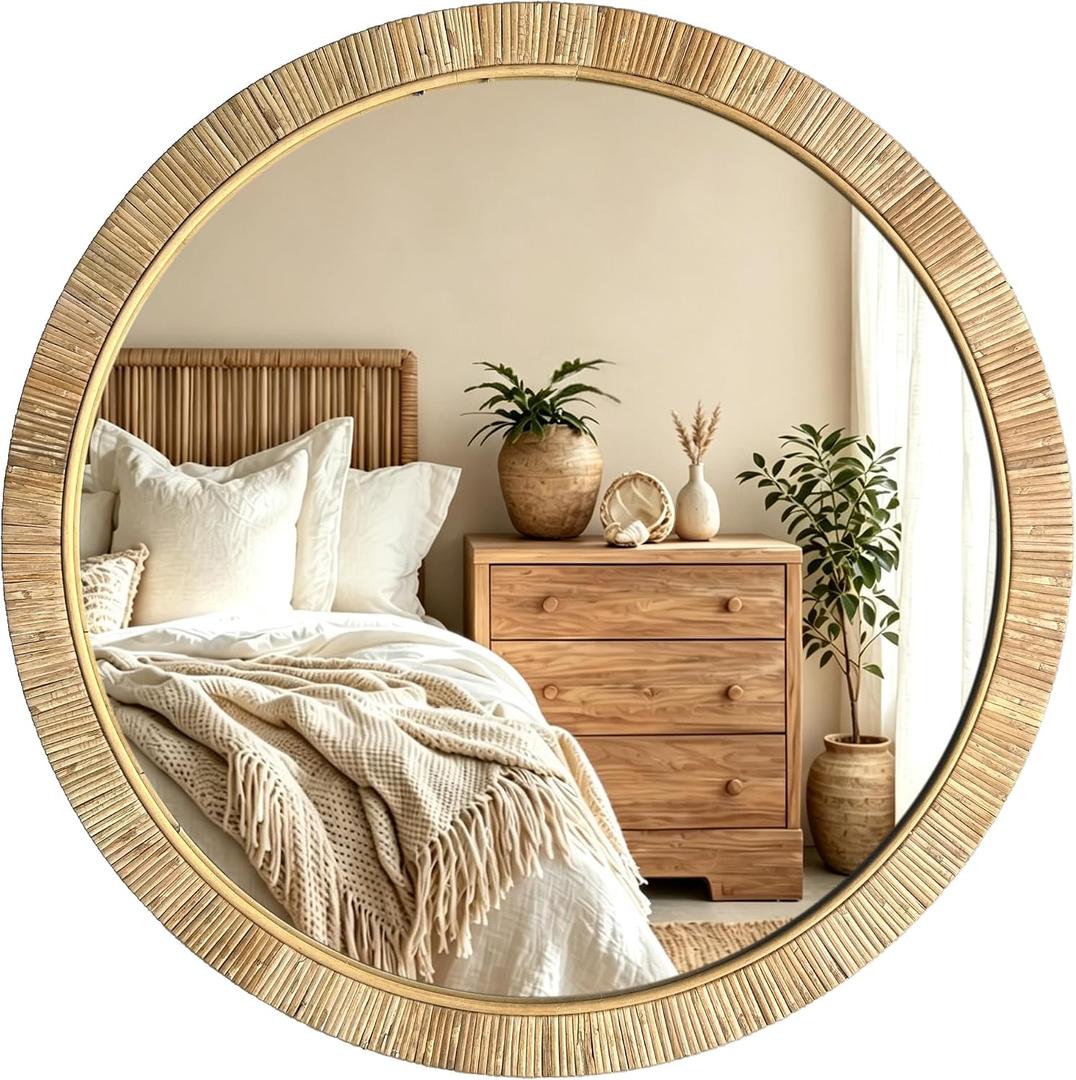 Decorative Rattan Wall Mirror, Boho Bathroom Modern Makeup, Rustic Wall Bohemia Mirrors for Bedroom, Living Room, Vanity Versatile Farmhouse, Nursery, Bathroom (Round 28“x28”