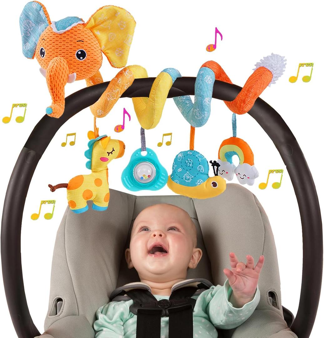 Car Seat Toys for Baby, Spiral Activity Stroller Toy for Infants 0-6 Months, Hanging Baby Toys Crib for Newborn 0 3 6 12 Months Developmental Toy with Music Box Rattle Squeaker- Orange Elephant (Yellow)