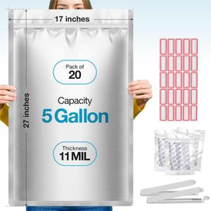 20 Pcs 5 Gallon Mylar Bags With Oxygen Absorbers - 11 Mil Thick - With Sticker Labels and Closure Clip - Smell Proof, Zipper Closure Heat Resealable Large Mylar Bags For Food Storage, 17x27