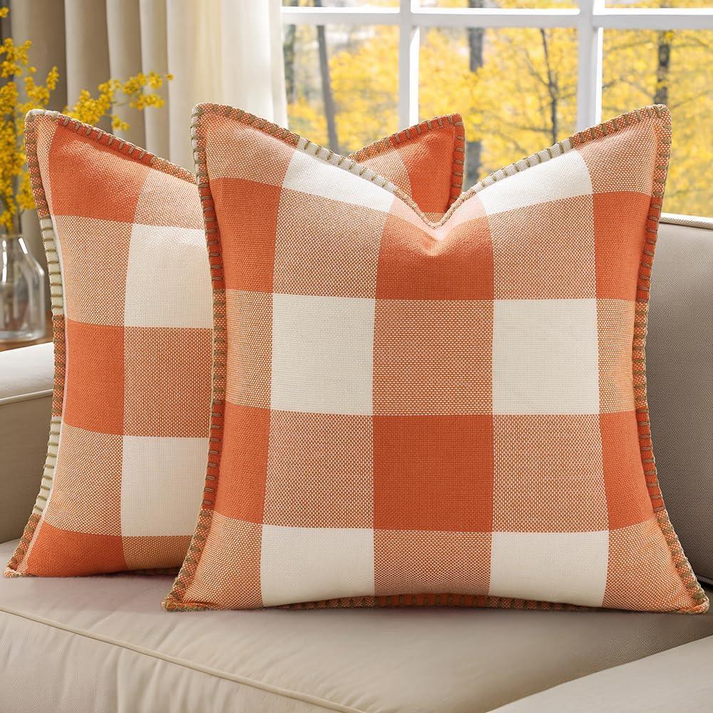 decorUhome Spring Buffalo Plaid Check Throw Pillow Covers 18x18 Set of 2 Outdoor Linen Decorative Farmhouse Gingham Pillow Covers with Stitched Edge for Bed Couch Sofa, Orange and White