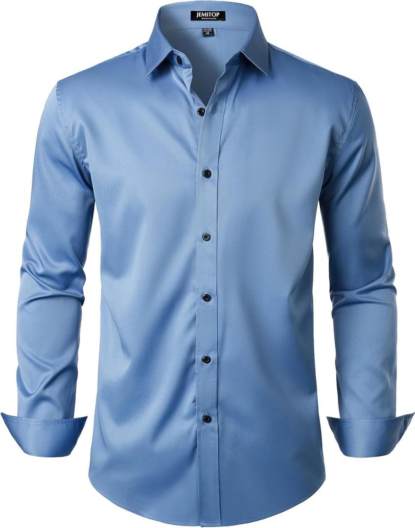 Men's Stretch Wrinkle Free Dress Shirts Formal Wedding Prom Long Sleeve Button Down Shirt (Blue, S)