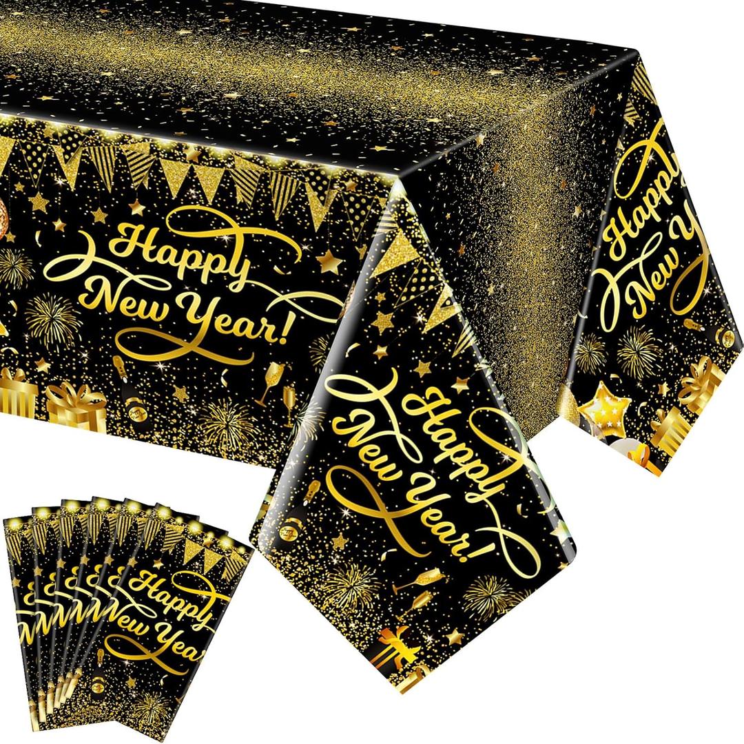 VitalCozy 6 Pcs Happy New Year Tablecloths 2026 New Year's Eve Party Supplies 54 x 108'' Black Gold Plastic Disposable Table Covers for Party Decorations (Balloon Gift Pattern)