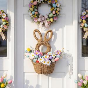 Thyle 15.7 Inch Easter Bunny Wicker Basket Door Decoration Rabbit Woven Basket Hanging Wreath for Front Door with Easter Tulips Egg Floral Decorations for Wall Indoor Outdoor Spring Home Decor