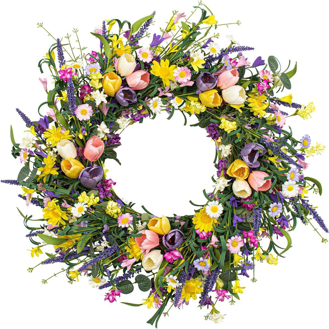 Spring Wreath 22 inch Indoor Summer Wreaths Artificial Spring Wreaths for Front Door, Tulip Wreath with Daisy and Lavender for Home Holiday Decor (Multicolor-3)